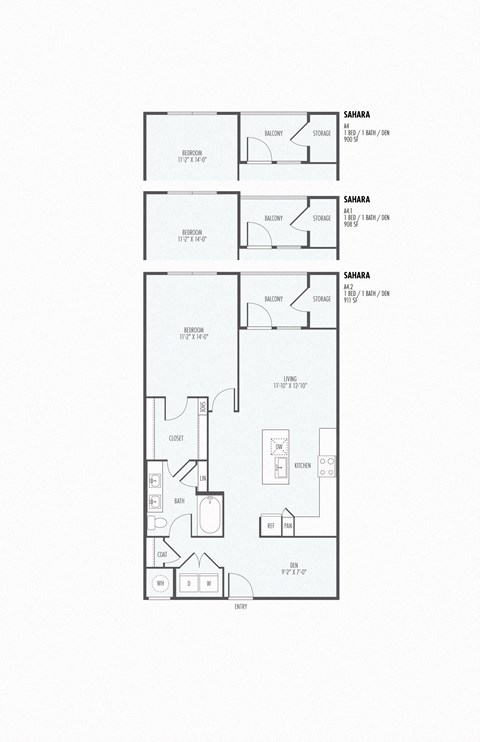 Floor plan for 1 bed, 1 bath, 908 sqft
